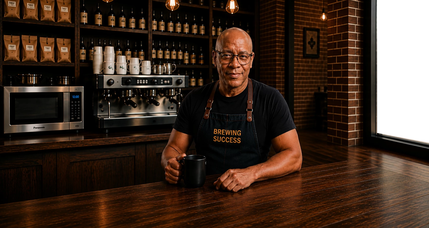 This image represents Lewis Cash in his 'old life' as a barista